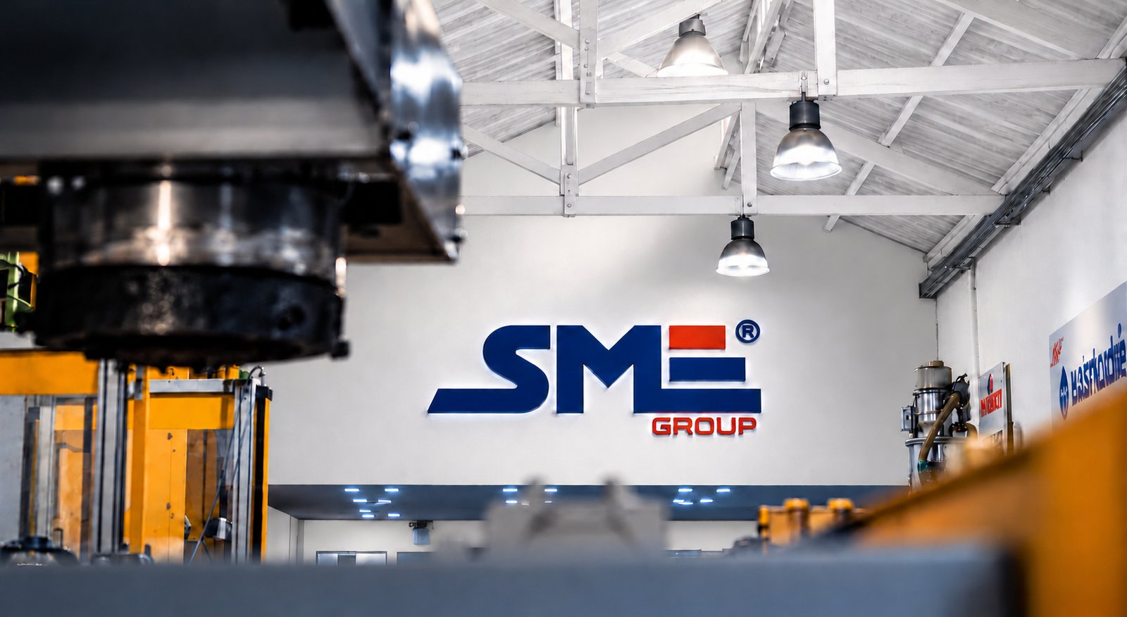 Galpão da SME com a marca aplicada na parede ao fundo e injetoras em primeiro plano